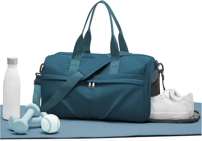 Gym Bag for Women Men with Shoe Compartment, Sport Duffel Bag, Waterproof Travel Weekender Overnight Carry on Bag for Yoga with Trolley Sleeve, Peacock Blue