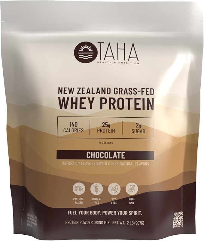 Taha Health & Nutrition Chocolate Flavored Whey Protein Concentrate Powder, 25g Protein, 140 Calories, 2g Sugar | New Zealand Grass-Fed, Free-Range Dairy | Gluten and Soy Free, Keto, Kosher | 2LB
