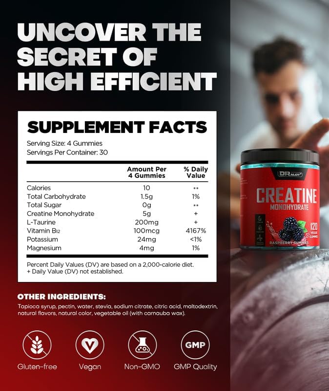 99.99% Creatine Monohydrate Gummies More 15% Strength, 5X Energy & Muscle Support Pre-Workout Complex Creatine for Women & Men with 5000mg Creatine, L-Taurine, B12, Mg and K, Vegan
