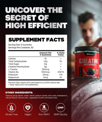 99.99% Creatine Monohydrate Gummies More 15% Strength, 5X Energy & Muscle Support Pre-Workout Complex Creatine for Women & Men with 5000mg Creatine, L-Taurine, B12, Mg and K, Vegan