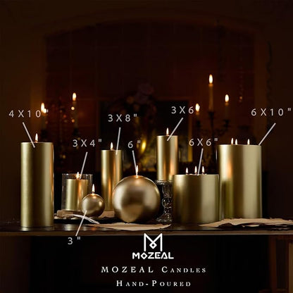 MOZEAL 4" x 12" Extra-Large Gold Pillar Candles (Set of 2), Unscented,Dripless, Smokeless,Long Clean-Burning,These Tall 12 inch Large Gold Pillar Candles Perfect for Weddings and Christmas Decor