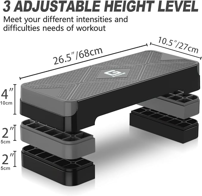Aerobic Exercise Step, Adjustable Aerobic Stepper for Exercise, Workout Step Platform for Step Up, 26.5" Step Deck with 4??6??8??Adjustable Height Risers, Women Home Gym Cardio Fitness