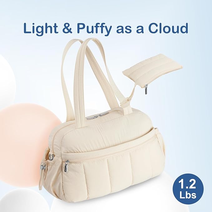 TOPDesign Travel Duffel Bag for Women, Puffer Gym Bag Sports Tote with Wet Pocket, Carry On Weekender with Luggage Sleeve (Beige)