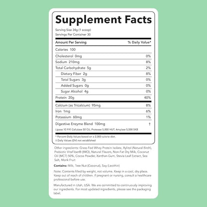 Clean Simple Eats Whey Protein Powder, Mint Chocolate Cookie Flavor, Naturally Sweetened, 100% Grass Fed Protein Powder with Digestive Enzymes, No Artificial Ingredients, Gluten Free, 30 Srvgs