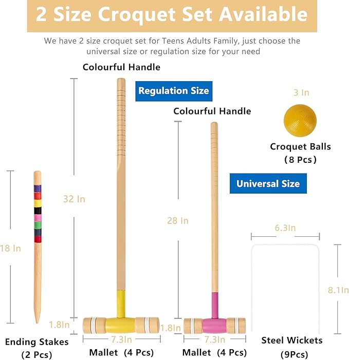 8 Players Croquet Set with 32In Regulation | 28In Standard Size Rubber Wood Mallets, Colored PE Ball, Wickets, 21In End Stakes - Lawn Backyard Game Kit for Teens/Adults/Family