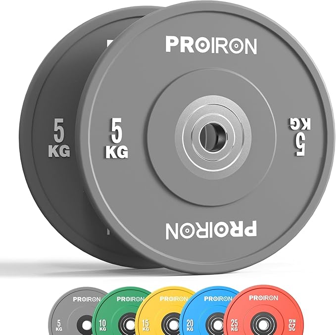 PROIRON Olympic Rubber Bumper Plates,Floor Protective Weight Plates,2" Solid Weight Plates for Barbell Strength Training and Weight Lifting,Less Impact, Absorb Bounce & Shock,5KG(11LB)/10KG(22LB)/15KG(33LB)/20KG(44LB),Single or Pair