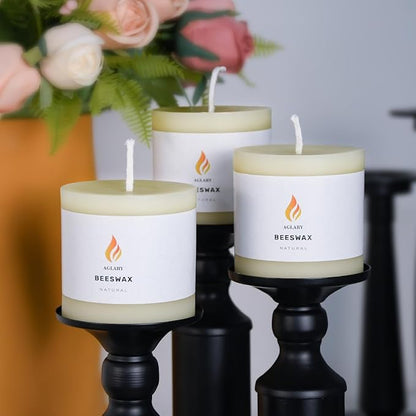 3PCS 3"x 3" Beeswax Pillar Candles, Made of Pure Natural Beeswax, with Ultra Long Burning Time and Low Allergenicity-White
