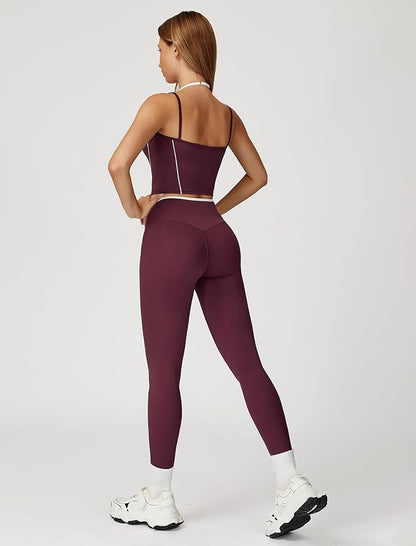 ABOCIW Workout Sets for Women 2 Piece Color Block Strappy Sports Bra High Waist Leggings Gym Yoga Pilates Outfits