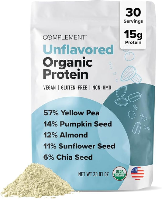 Complement Organic Unflavored Vegan Protein Powder (30 Servings) Low Carb, Low Calorie, Sugar Free