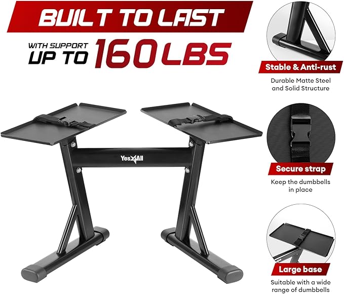 Yes4All Adjustable Dumbbell Stand - 160 Pound Capacity, Spotter Rack & Weight Rack with Strap, Easy Storage & Safety
