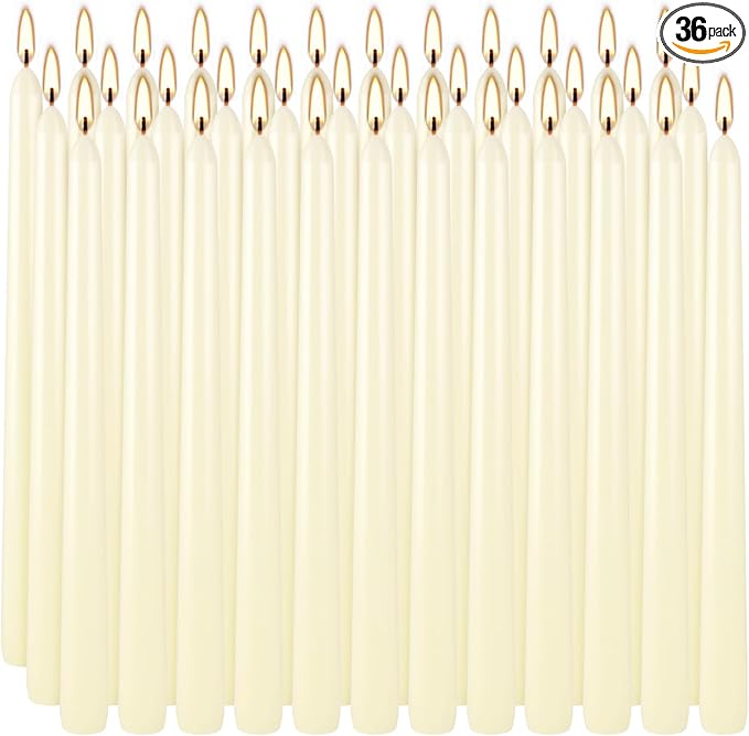 36 Pack Ivory White Taper Candles, 7-8 Hours Burn Time, Unscented, Smokeless and Dripless, 0.8 x 10 Inch Dinner Candle Set for Household, Wedding, Party and Home Décor Candlesticks