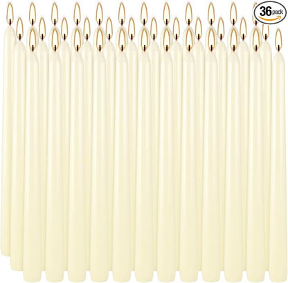 36 Pack Ivory White Taper Candles, 7-8 Hours Burn Time, Unscented, Smokeless and Dripless, 0.8 x 10 Inch Dinner Candle Set for Household, Wedding, Party and Home Décor Candlesticks