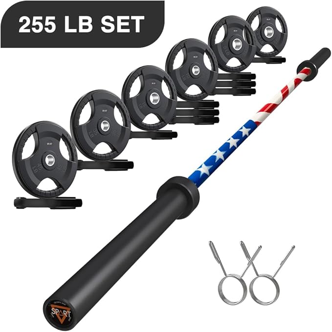 7FT Olympic Barbell Bar with Weight Plate Set Combo, Solid Olympic Bar with Bearings, 700Lbs Capacity Weight Bar for Home Gym Strength Training, Weightlifting, Powerlifting, Fit for 2" Olympic Plates