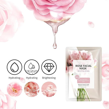 10 Sheets Face Masks Skincare for All Skin Types, Rose Hydrating Face Sheet Masks Suitable for Sensitive Skin, Pink Moisturizing Facial Mask for Women Skin Care, Face Mask Gifts for Face Spa