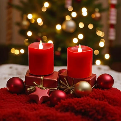 Red Flameless LED Candles 3 inch Diameter Real Wax 2AA Battery Operated 600hr+ Flickering Candles with Timer Remote Control for Halloween Thanksgiving Christmas Wedding Indoor (Red, 3″×3″- 2 PCS)