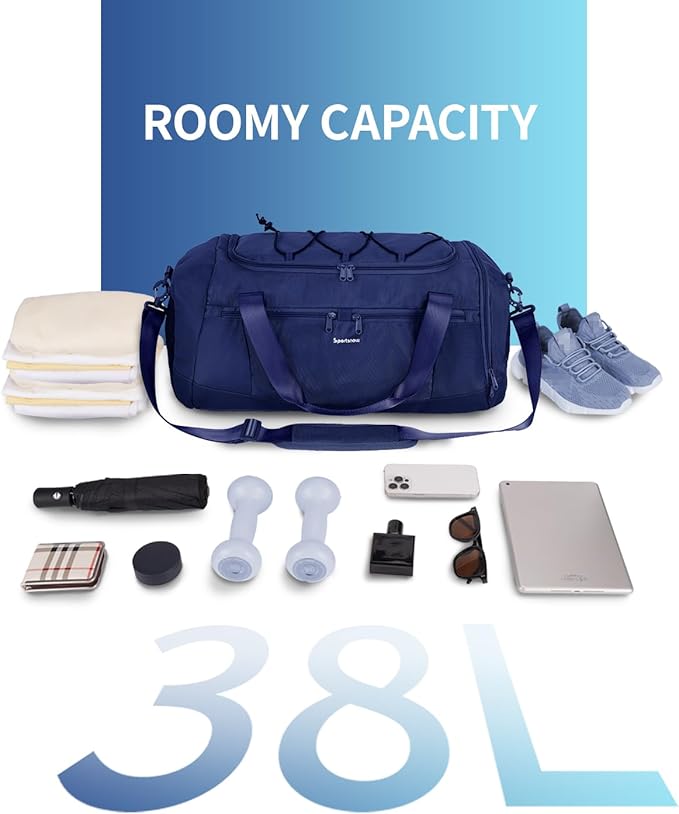 Sportsnew Gym Bag for Women with Shoe Compartment Wet Pocket and Yoga Mat Holder,Mens Duffel Bag for Travel with Laptop Compartment,Weekender Overnight Carry On Bag for Men(Blue Patent Pending)