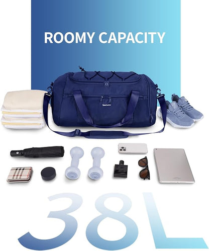 Sportsnew Gym Bag for Women with Shoe Compartment Wet Pocket and Yoga Mat Holder,Mens Duffel Bag for Travel with Laptop Compartment,Weekender Overnight Carry On Bag for Men(Blue Patent Pending)