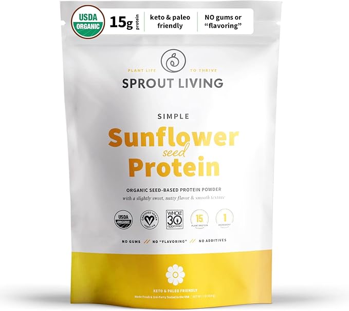 Sprout Living Simple Sunflower Seed Protein Powder, 15 Grams Organic Plant Based Protein Powder Without Artificial Sweeteners, Non Dairy, Non-GMO, Vegan, Gluten Free, Keto Drink Mix (1 Pound)