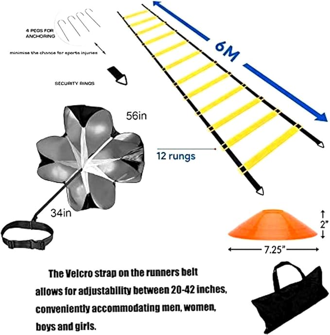 Agility Ladder, Speed Ladder, Speed Training Equipment Set, 20ft Agility Ladder, 12 Soccer Cones, Running Parachute, Basketball Football Soccer Training Equipment for Kids, Youth, Adults