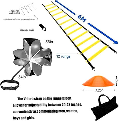 Agility Ladder, Speed Ladder, Speed Training Equipment Set, 20ft Agility Ladder, 12 Soccer Cones, Running Parachute, Basketball Football Soccer Training Equipment for Kids, Youth, Adults