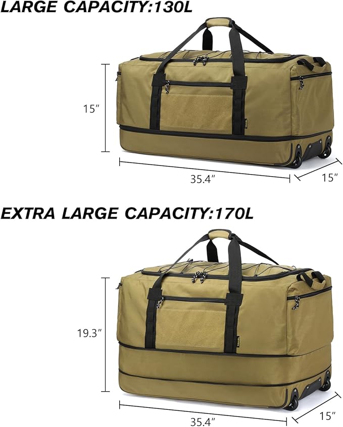 Laripwit Collapsible Duffle Bag with Wheels 130-170L Extra Large Expandable Travel Duffel Bag for Men Women Heavy Duty Military Duffle Bag for Camping Rolling Foldable Carry On Luggage, Brown