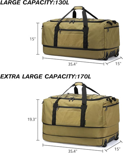 Laripwit Collapsible Duffle Bag with Wheels 130-170L Extra Large Expandable Travel Duffel Bag for Men Women Heavy Duty Military Duffle Bag for Camping Rolling Foldable Carry On Luggage, Brown