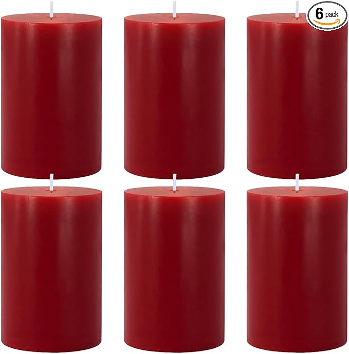 6 Packs Dripless Red Colored Pillar Candles, Unscented 2.75x4 Inch Burgundy Cylinder Wax Candles for Home Table Holiday Party Spa Decor Emergency Power Outage