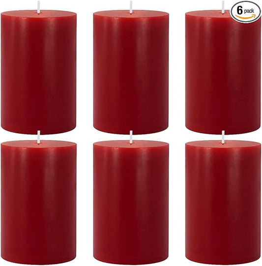 6 Packs Dripless Red Colored Pillar Candles, Unscented 2.75x4 Inch Burgundy Cylinder Wax Candles for Home Table Holiday Party Spa Decor Emergency Power Outage