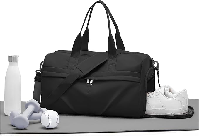 Gym Bag for Women Men with Shoe Compartment, Sport Duffel Bag, Waterproof Travel Weekender Overnight Carry on Bag for Yoga with Trolley Sleeve, Black