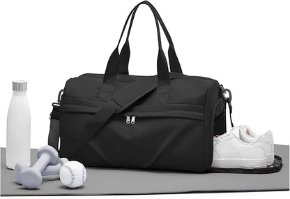 Gym Bag for Women Men with Shoe Compartment, Sport Duffel Bag, Waterproof Travel Weekender Overnight Carry on Bag for Yoga with Trolley Sleeve, Black