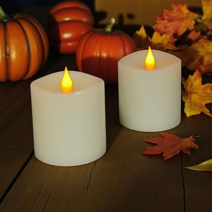 3x3 Flickering Flameless Candles Set of 2,3 inch Real Wax LED 600 Hours Battery Candles with Timer Remote,Control for Wedding Party Indoor,Ivory