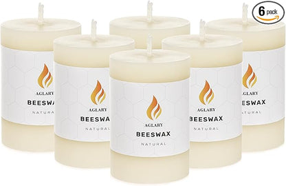 6PCS Beeswax Pillar Candles,Large Handmade Pure Beeswax Candle,Long Lasting Burn Time，Unscented Smokelessï¼? * 3",20H, White