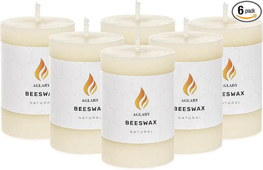 6PCS Beeswax Pillar Candles,Large Handmade Pure Beeswax Candle,Long Lasting Burn Time，Unscented Smokelessï¼? * 3",20H, White