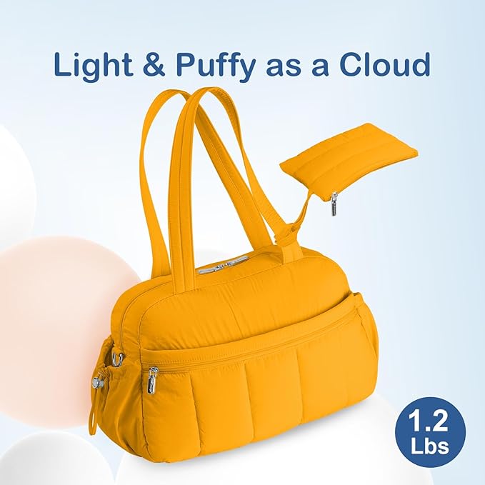 TOPDesign Travel Duffel Bag for Women, Puffer Gym Bag Sports Tote with Wet Pocket, Carry On Weekender with Luggage Sleeve (Golden Yellow)