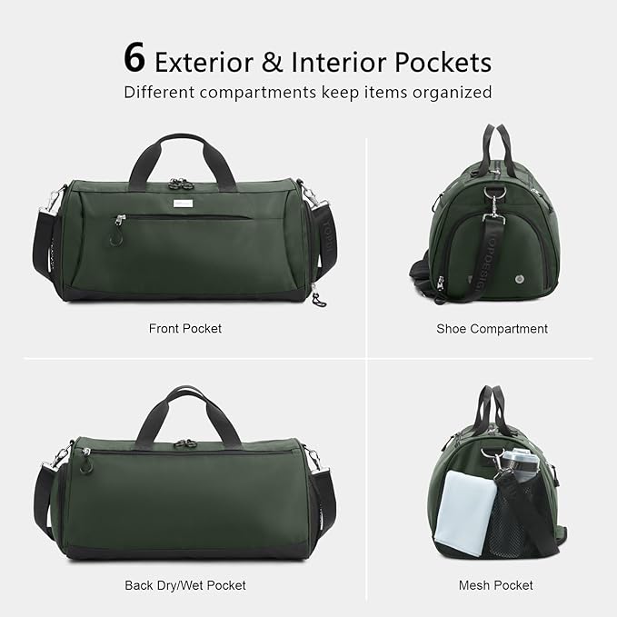 TOPDesign Gym Bag for Women & Men, Unisex Duffel Bag with Shoe Compartment & Wet Pocket for Travel Sports Gym (M Green)