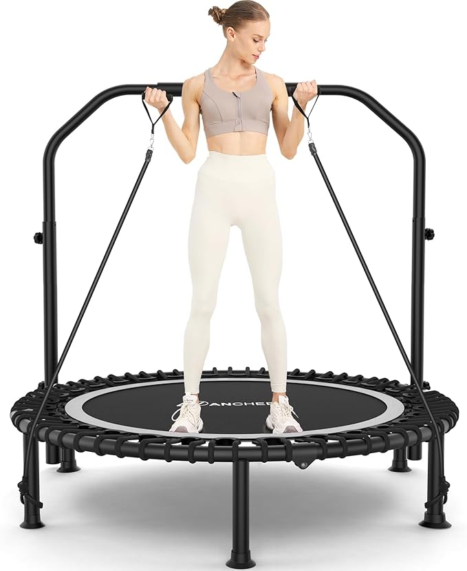 ANCHEER 40" Foldable Mini Trampoline,Max Load 450lbs/550lbs Indoor Trampoline,with 4 Level Adjustable Foam Handle and Resistance Bands,Adult Exercise Trampoline for Home, Garden, and Gym
