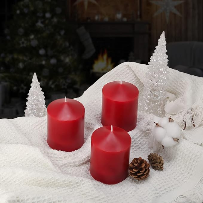 3x4 Inch Red Pillar Candles, 3 Packs Unscented Smokeless Dripless Cylinder Candles for Christmas, Wedding, Party, Home and Dinner Table, 45 Hours Burn