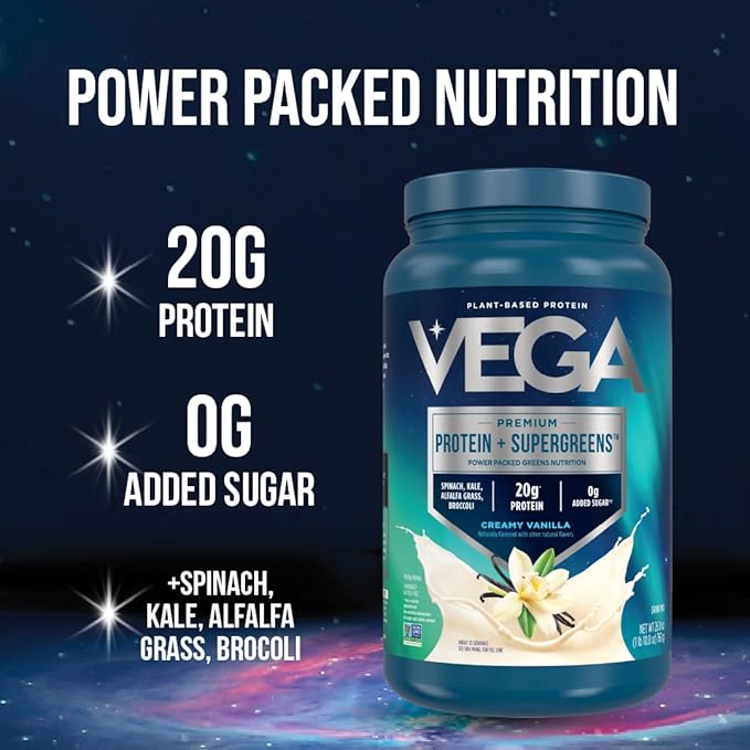 Vega Protein + Supergreens - 20g Plant-Based Protein, Chocolate, 25 Servings, Real Greens & Veggies, Vegan Keto, 0g Added Sugar, Non-GMO, Gluten Free, Dairy Free, 1.8lbs (Packaging May Vary)