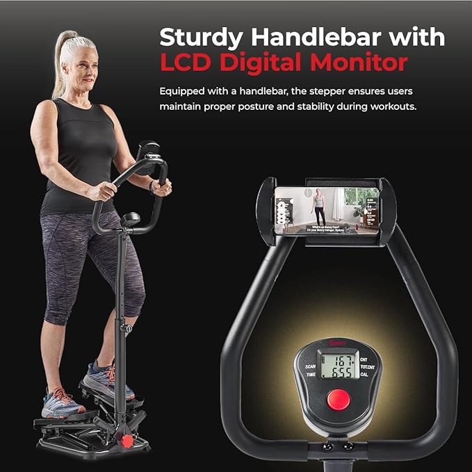 Sunny Health & Fitness Twist Stepper with Handlebar, Stair Step Machine for Cardio Workout, Compact Home Exercise Equipment W/Optional Free SunnyFit App Connection
