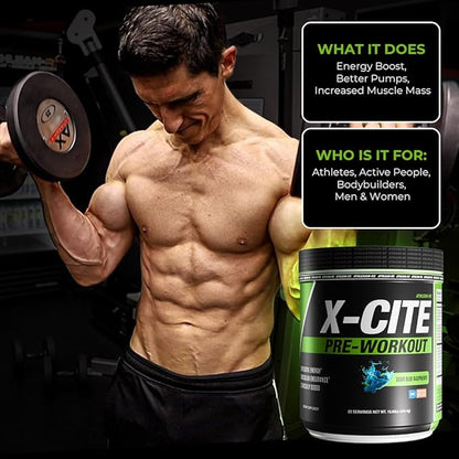 X-CITE Pre-Workout by ATHLEAN-X - Enhanced Formula with Beta-Alanine, Creatine & Caffeine for Energy, Endurance, Focus & Muscle Pump, NSF Certified for Sports (22 Servings, Sour Blue Raspberry)