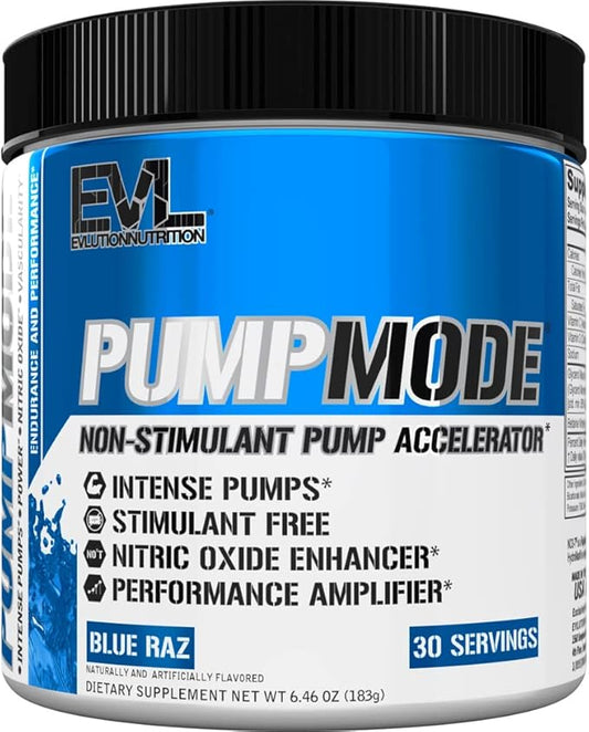 EVL PumpMode Nitric Oxide Supplement - Nitric Oxide Booster Pump Pre Workout Powder with Glycerol and Betaine for Muscle Recovery Growth and Endurance - Stim Free Pre Workout Drink (Blue Raz)