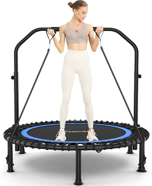 ANCHEER 40" Foldable Mini Trampoline,Max Load 450lbs/550lbs Indoor Trampoline,with 4 Level Adjustable Foam Handle and Resistance Bands,Adult Exercise Trampoline for Home, Garden, and Gym