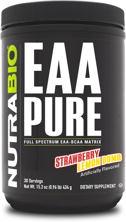 NutraBio ??EAA Pure ??9 Amino Acids ??Muscle Repair and Recovery, 30 Servings, Strawberry Lemon Bomb ??Pre or Post Workout ??All Day Recovery