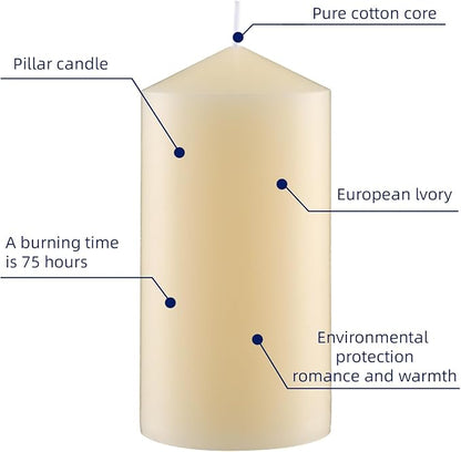3×6 Ivory Pillar Candles Set of 6 Unscented Handpoured Weddings, Home Decoration, Restaurants, Spa, Church Smokeless Cotton Wick - Ivory 450 Hour