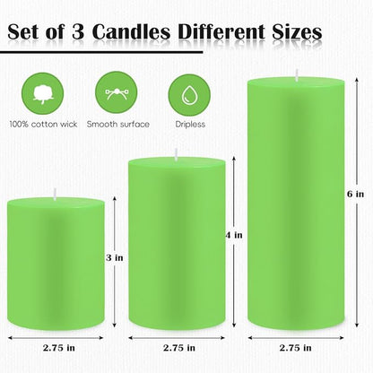 Set of 3 Different Size Light Green Pillar Candles, Unscented Dripless 2.75x3, 2.75x4, 2.75x6 Inch Long Lasting Cylinder Wax Candles for Home Power Outage Dinner Table Decoration
