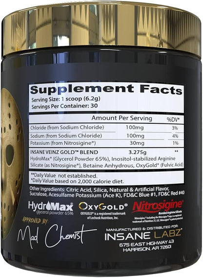 Insane Labz Insane Veinz Gold, Nitric Oxide Non Stimulant pre Workout Powder, Loaded with Hydromax, Nitrosigine, Increases Vascularity and Blood Flow, 30 Srvgs, Grape