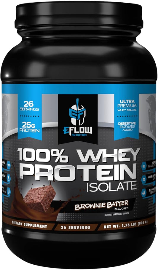 eFlow Nutrition 100% Whey Protein Isolate - Gluten & Lactose-Free Digestive Enzymes Added, Low Carb, Post Workout Shake, Fast Digesting for Optimal Muscle Recovery - Brownie Batter (26 Servings)