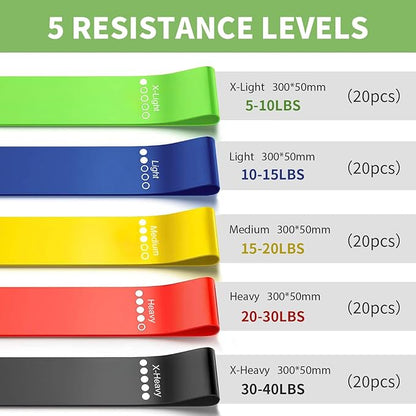 100 PCS Bulk Resistance Bands, Loop Exercise Bands Set for Gym Members Sports Class Students Gift, 5 Pieces Each Set with Storage Bag, Fitness Bands for Outdoor Home Gym Yoga Pilates