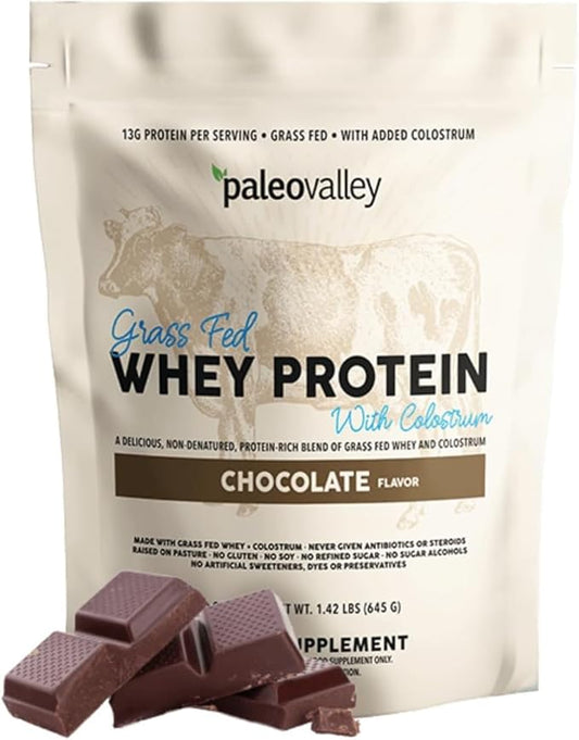 Paleovalley 100% Grassfed Whey Protein Powder with Colostrum, 13g Protein, Chocolate, Muscle