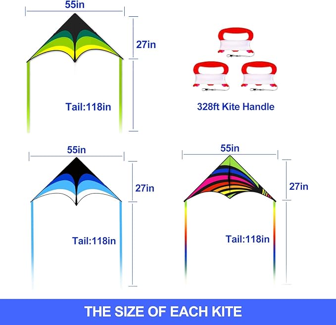 3 Pack Delta Kite Set for Adults and Kids, Single Line Beach Kites for Boys & Girls, Three Handle with String Included